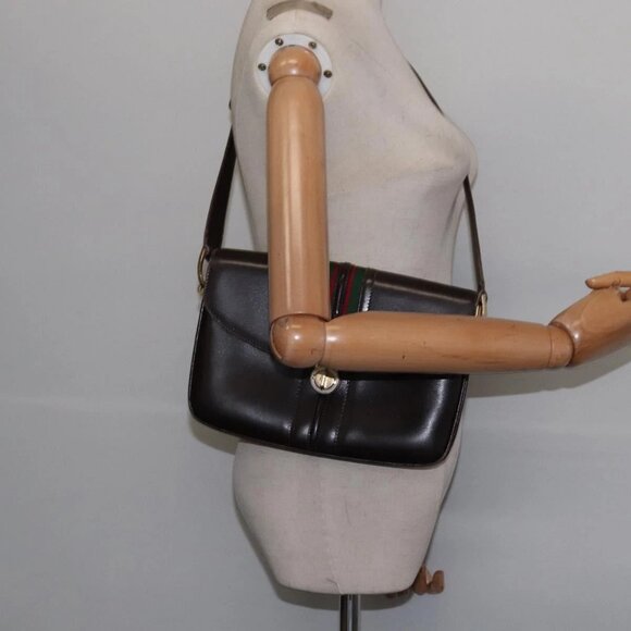 GUCCI Web Sherry Line Shoulder Bag Leather Dark Brown Gold Red Auth ep11429 - Picture 1 of 16